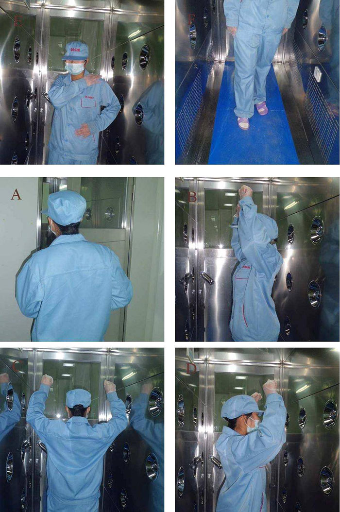 进入风淋室前无尘服应穿着得当,袖口和领口需拉紧,避免衣物内外的尘埃进入。 进入风淋室前无尘服应穿着得当,袖口和领口需拉紧,避免衣物内外的尘埃进入。